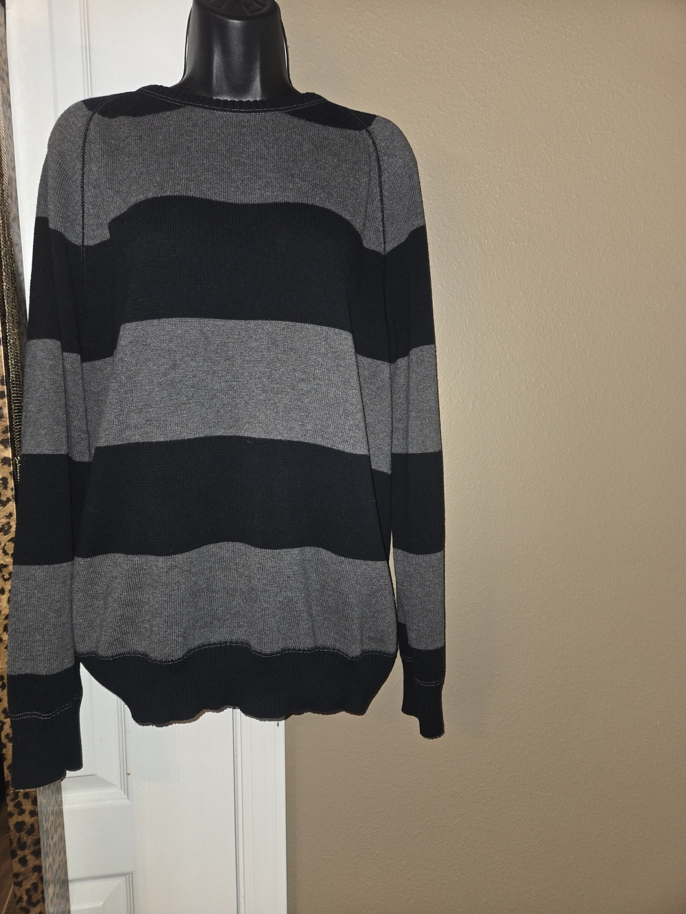 Nautica Jeans Co Sweater Mens L Black Gray Striped Crewneck 100% Cotton Knit L